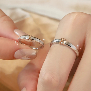 S999纯银永恒心结情侣戒指男女对戒简约开口可调节闭口定制刻字