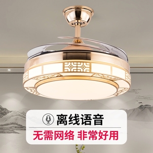 新款中式风扇灯吊扇灯隐形客厅餐灯一体家用复古厅卧室带电风扇吊