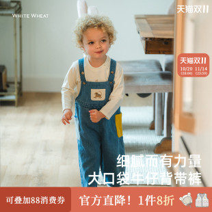 男孩纯棉牛仔背带裤 whitewheat儿童2025春季 子女童卡通长裤 裤 新款