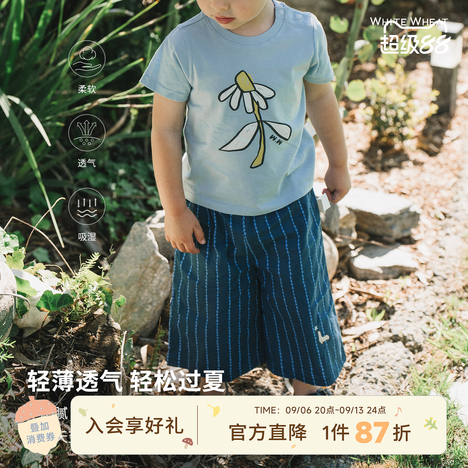 whitewheat藏青斑点条纹阔腿裤图片