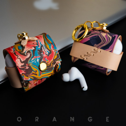 橙制手工适用于AirPods pro1234苹果新款头层保护套耳机壳个性腕带无线蓝牙耳机水染高级感原创真牛皮创意