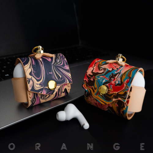 橙制手工适用于AirPods pro1234苹果新款头层保护套耳机壳个性腕带无线蓝牙耳机水染高级感原创真牛皮创意