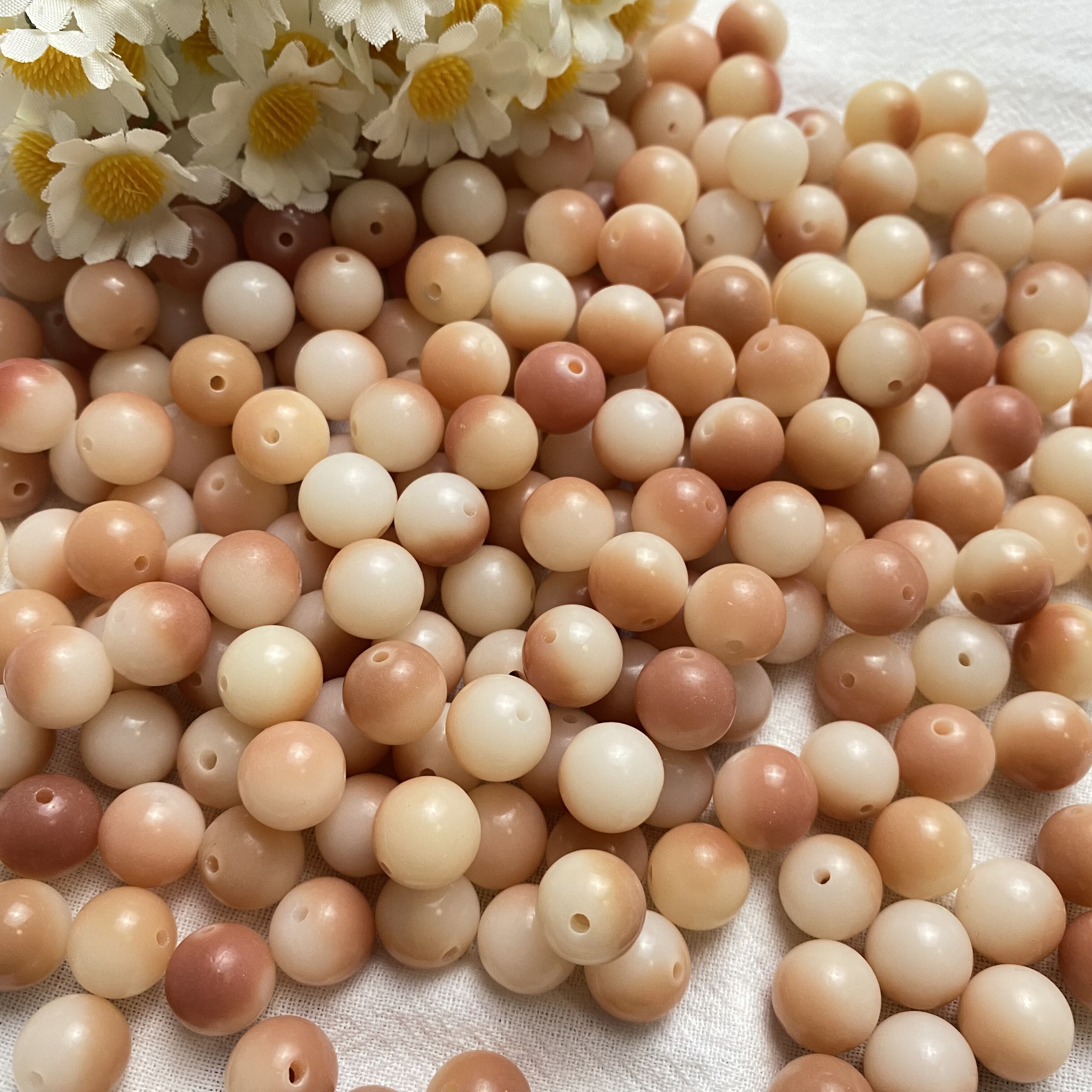 粉色飘花水蜜桃圆珠菩提散珠diy手工手串散装菩提根佛珠盘玩手链