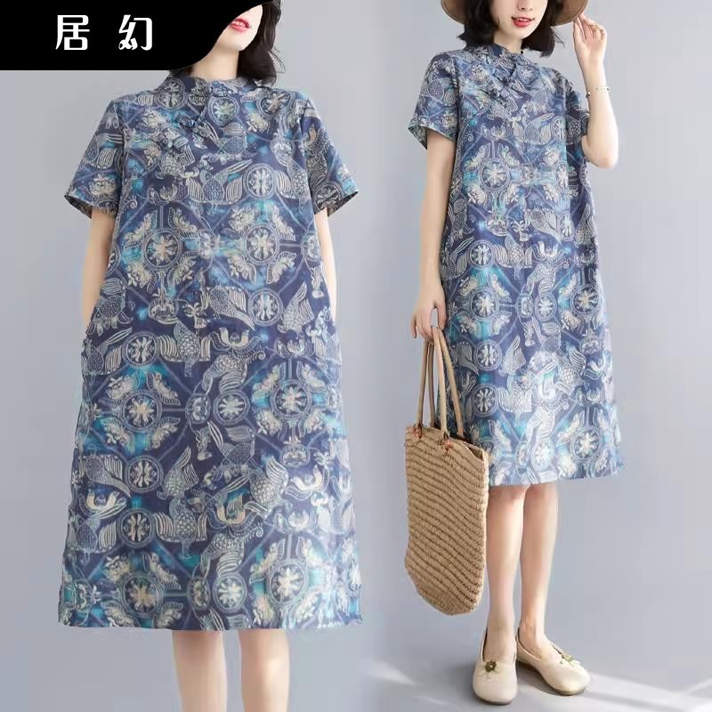 居幻夏季复古文艺改良旗袍宽松显瘦藏肉妈妈旅游度假中长款连衣裙
