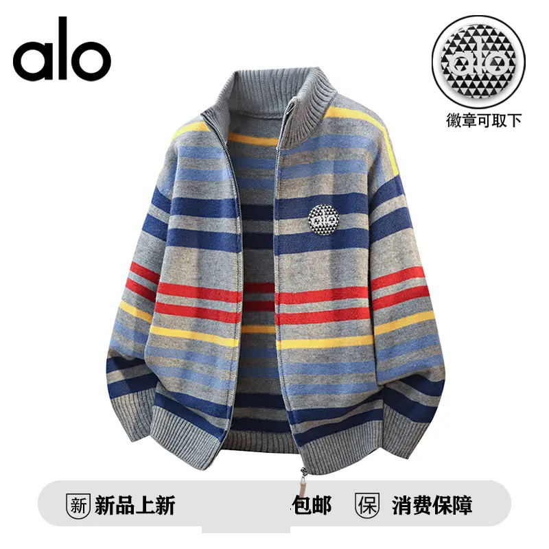 【官方奥特莱斯】alo潮牌 潮牌立领彩虹条纹开衫毛衣男秋冬针织外
