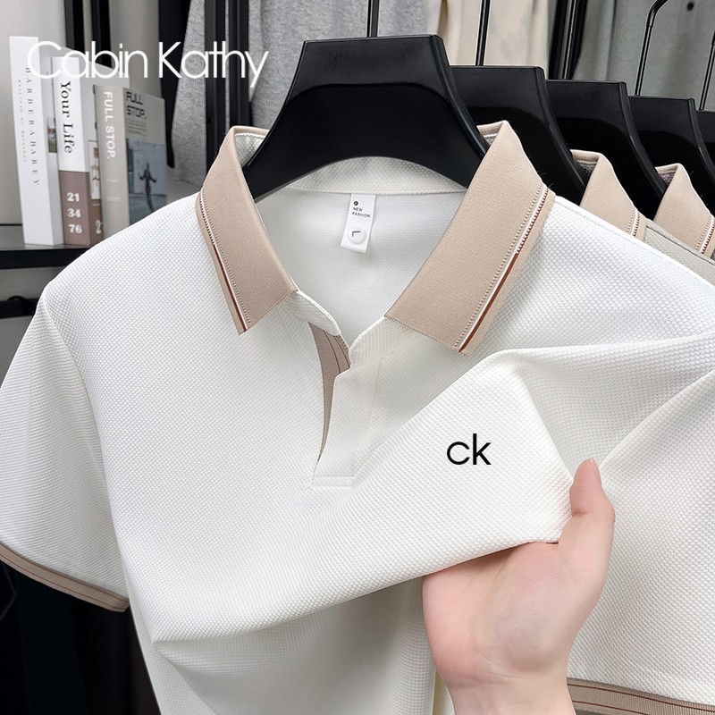 CK正品夏季冰丝凉感无痕短袖Polo衫男士撞色翻领透气不闷汗T恤