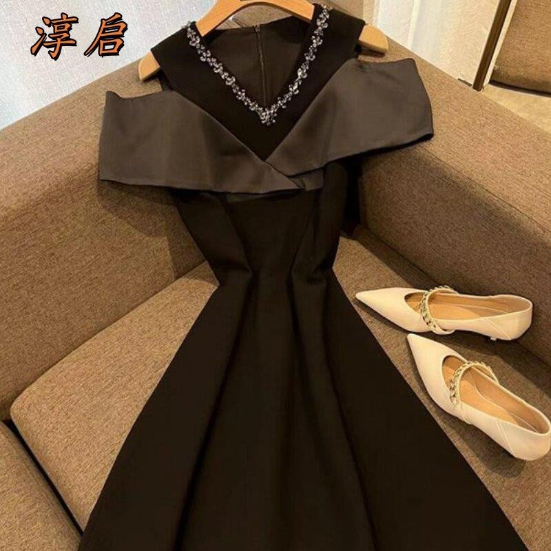 淳启设计露肩法式小香风收腰高端晚礼服裙夏季轻奢气质短袖连衣裙