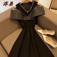 淳启设计露肩法式小香风收腰高端晚礼服裙夏季轻奢气质短袖连衣裙