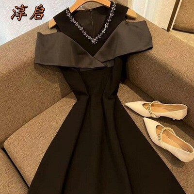 淳启设计露肩法式小香风收腰高端晚礼服裙夏季轻奢气质短袖连衣裙