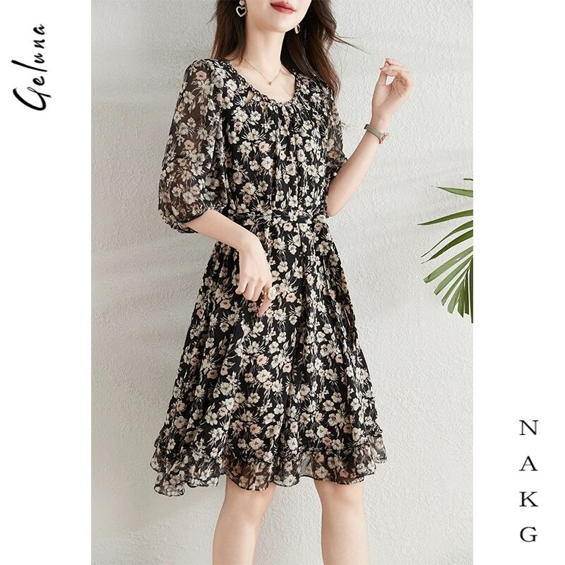 NAKG雪纺碎花短袖连衣裙女2025夏季新款泡泡袖法式气质收腰中长裙