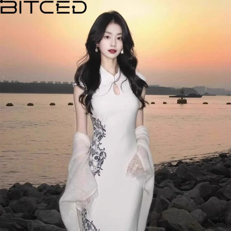 BITCED新中式青花瓷白色旗袍夏季新款富家千金国风气质收腰连衣裙