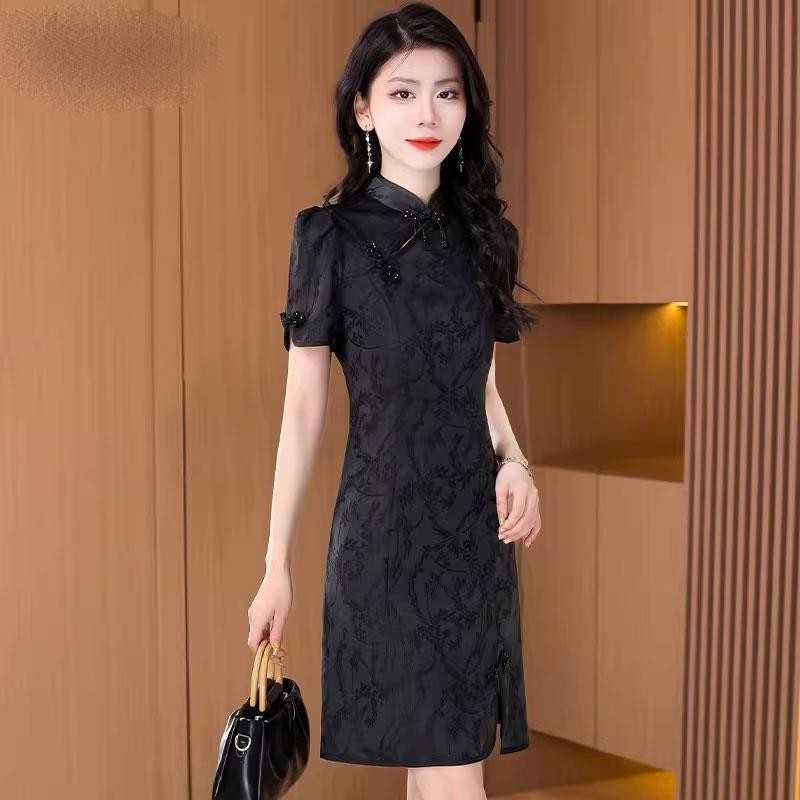 新中式国风改良旗袍高端黑色连衣裙女夏季2025新款十三行大气裙子