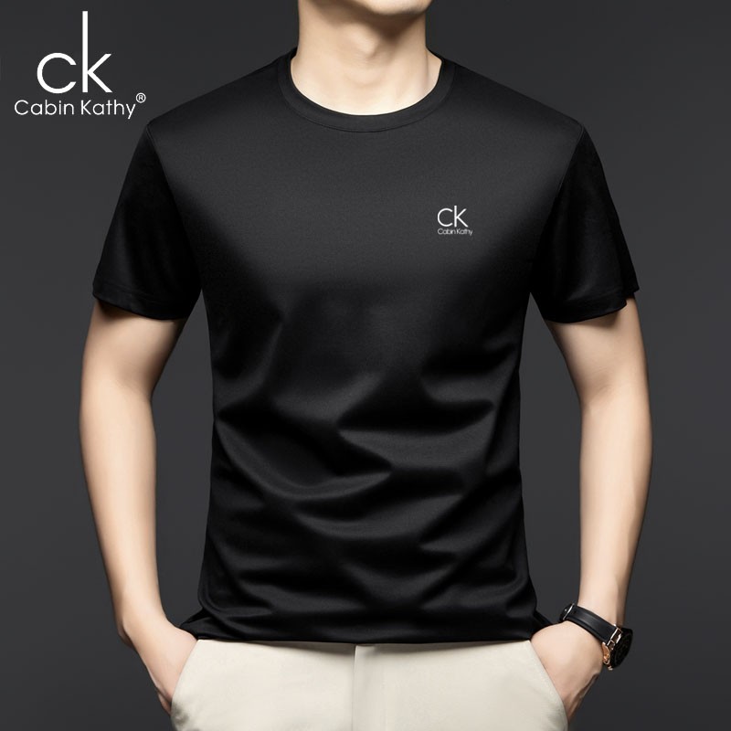 ck正品2025年夏季新款男士t恤短袖圆领纯色冰丝桑蚕丝高级半袖T恤