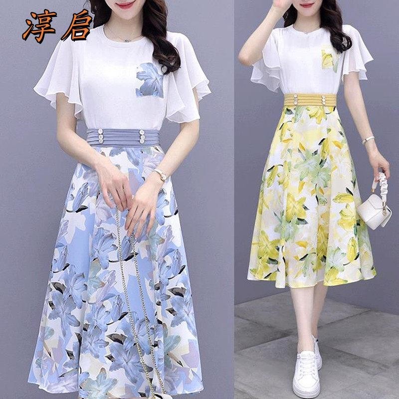 淳启雪纺碎花连衣裙套装女夏季2026年新款韩版爆款遮肚显瘦小裙子