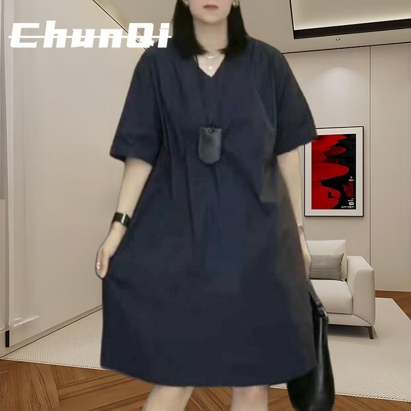 淳启短袖衬衫裙女士夏季设计感小众过膝裙大码宽松洋气中长连衣裙