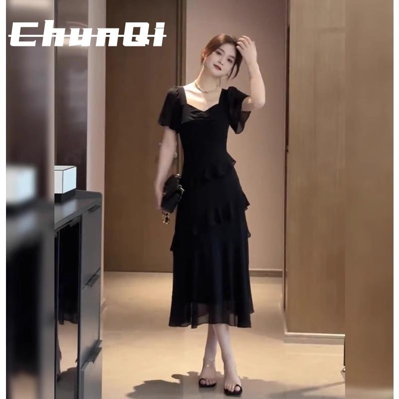 淳启女装法式赫本风黑色短袖连衣裙女夏季胖mm气质显瘦雪纺蛋糕裙