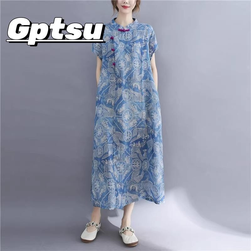 GPTSu新中式复古改良旗袍棉麻连衣裙女夏季新款妈妈高端亚麻长裙