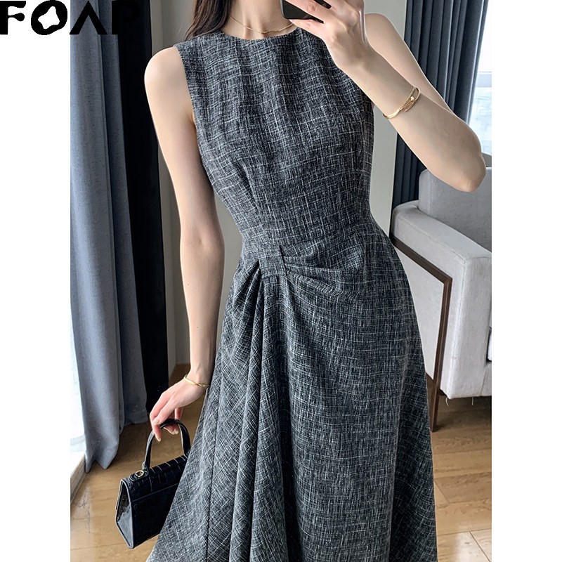 FOAP无袖连衣裙2026夏季新款收腰显瘦气质女神范通勤灰色长裙子