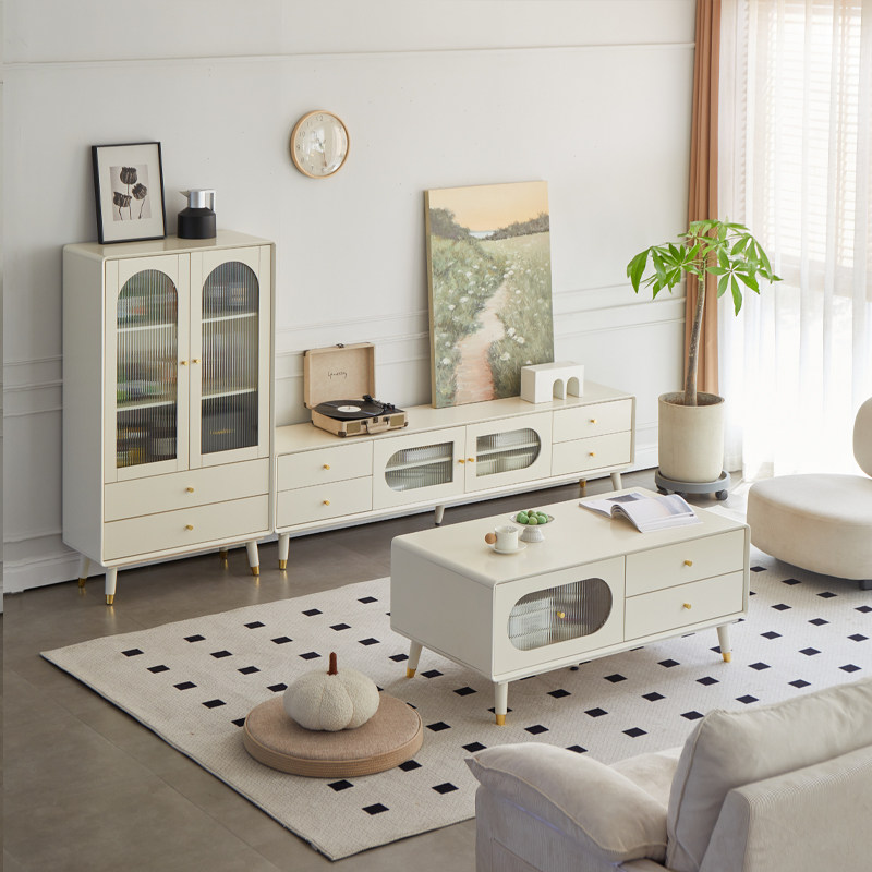 实木电视柜茶几组合客厅落地奶油风电视机柜大小户型边柜地柜立柜