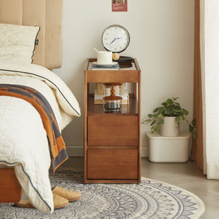 实木床头柜小型多功能卧室床边置物柜胡桃色可移动床边柜置物柜子