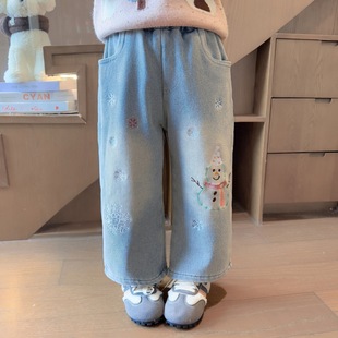 雪花小雪人长裤 女童冬装 中童儿童保暖女冬季 2026新款 子 加绒牛仔裤