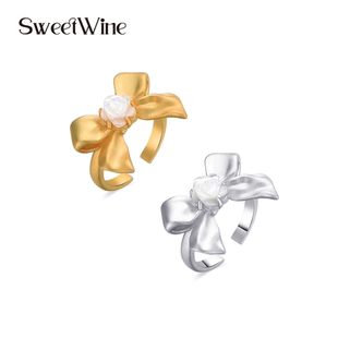 Sweet Wine玫瑰贝母哑光金属蝴蝶结戒指精致显白小众开口设计首饰