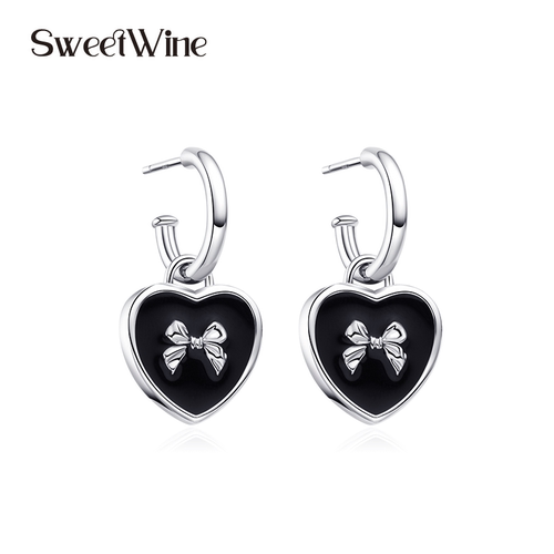 sweetwine黑色珐琅爱心吊坠耳环