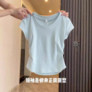 女夏简约百搭T恤 韩系温柔浅蓝色显白显瘦设计感抽褶上衣正肩短袖