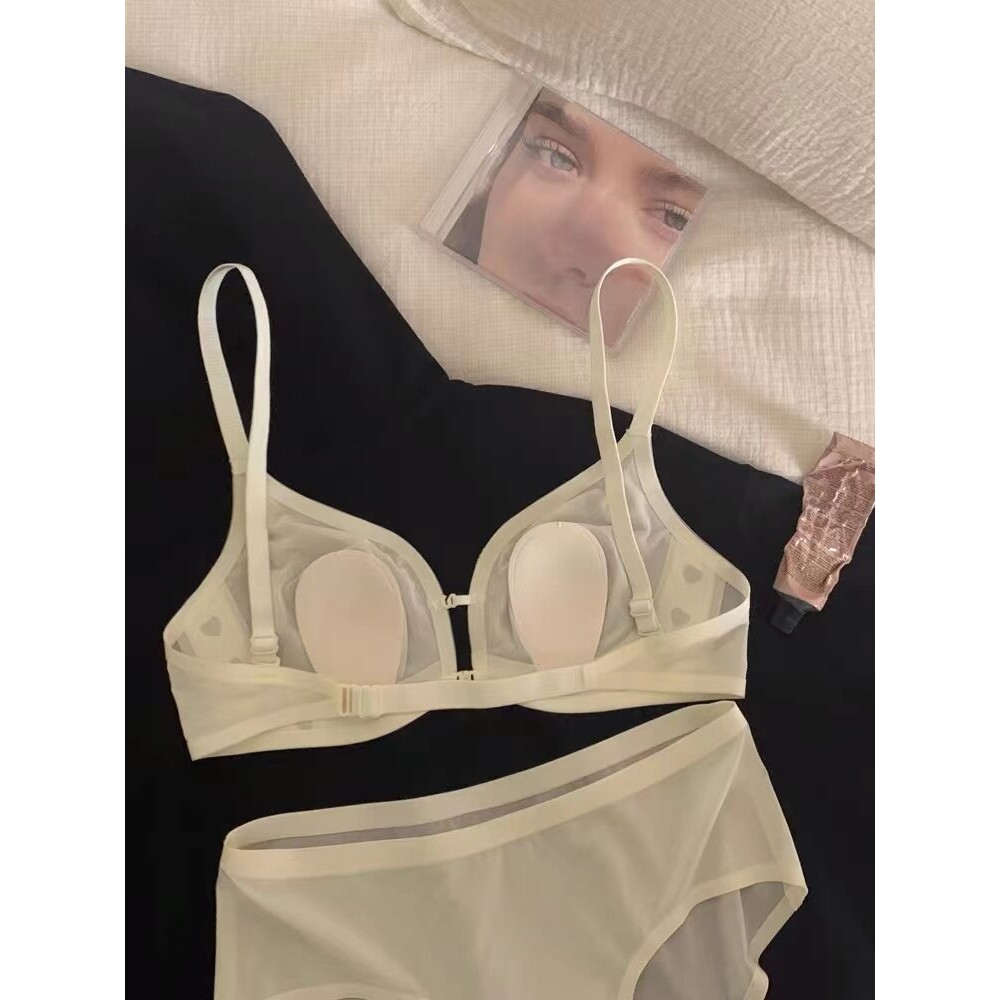 流露真情 冰丝前扣内衣女超薄款兔耳朵小胸聚拢美背显瘦文胸套装