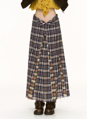 soolrok 松未韵一 肌理感格纹拼接丝绒内里a字半身裙(腰头可翻折)