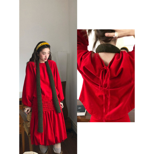 soolrok 松未韵一 两色丝绒灯笼袖上衣套装女气质抽褶花苞半身裙