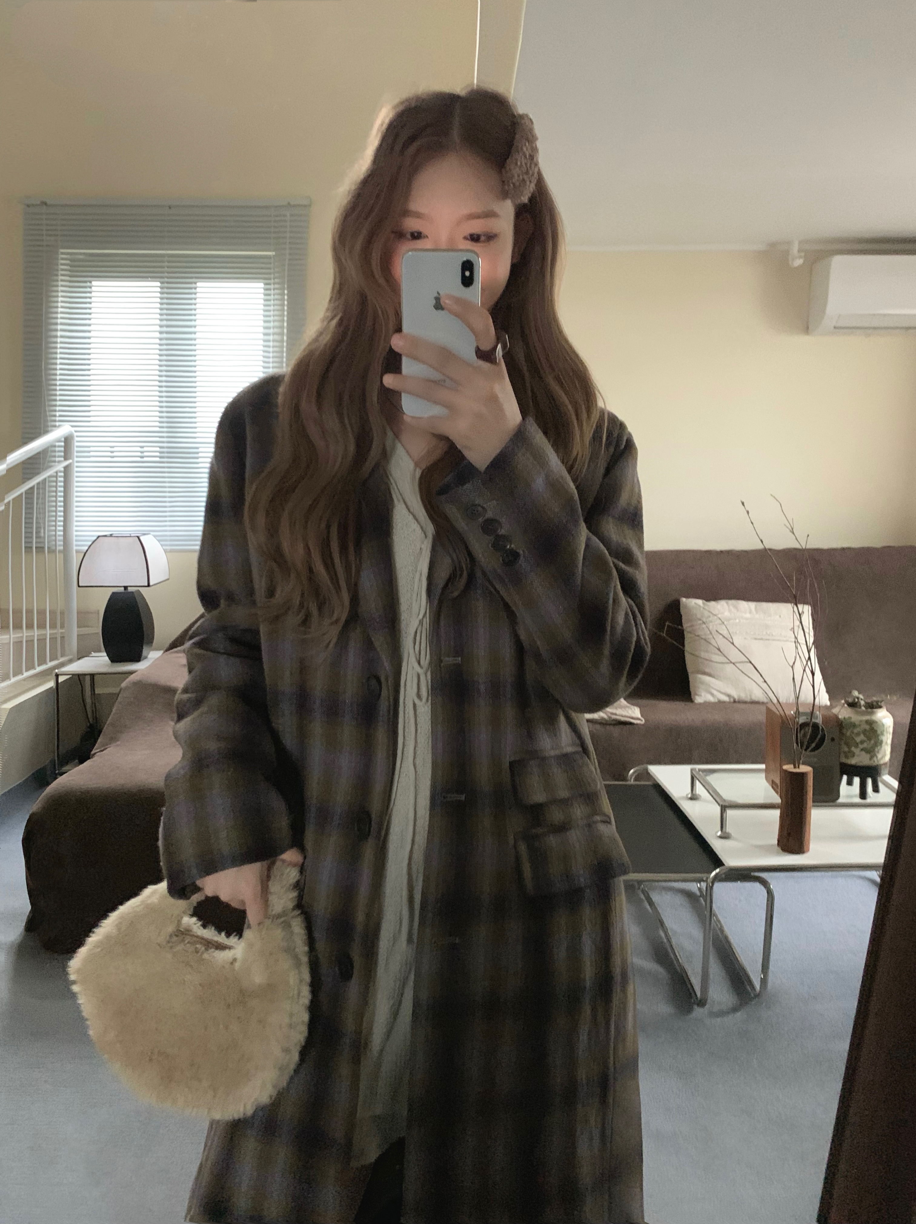 领口拼接绿紫混色羊毛格纹大衣