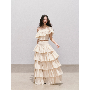 soolrok松未韵一重工度假纯棉上衣 多层开衩蛋糕半身裙抹胸三件套