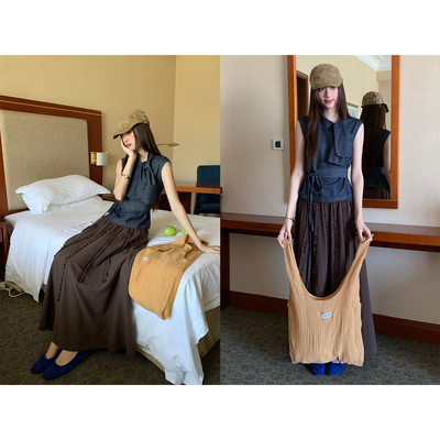 松未韵一插肩高领系带T恤套装