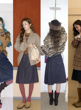 soolrok 松未韵一 韩系格纹/牛仔a字半身裙女高腰遮胯显瘦中长裙