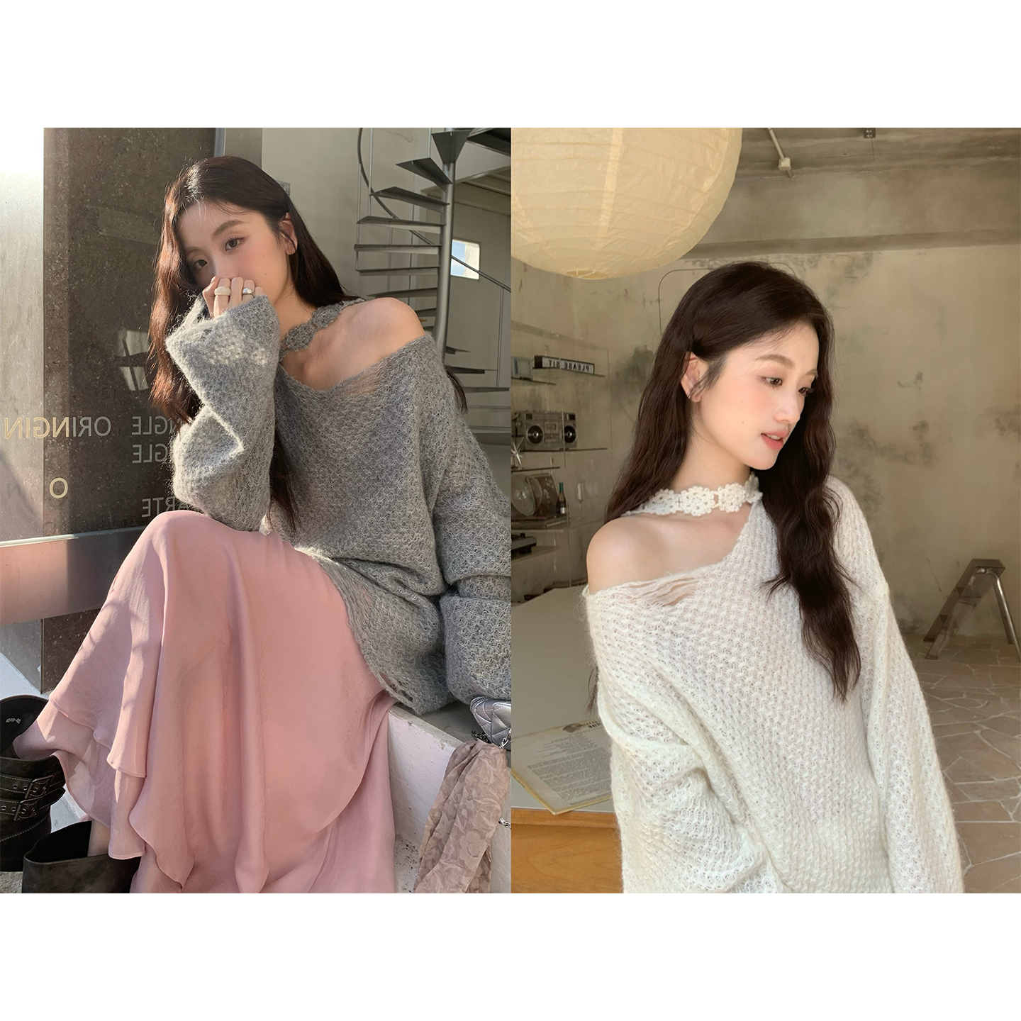 松未韵一斜肩挂脖马海毛针织上衣