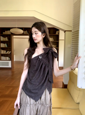 soolrok 松未韵一   复古系带正反两穿斜肩不规则背心吊带上衣