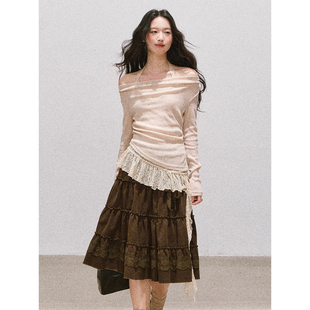 T恤 斜裁真两件挂脖蕾丝拼接吊带＋显瘦荡领长袖 soolrok 松未韵一