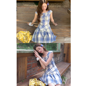 soolrok 松未韵一 一字圆领格纹腰带显白连衣裙复古文艺短裙