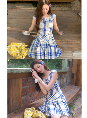soolrok 松未韵一  一字圆领格纹腰带显白连衣裙复古文艺短裙