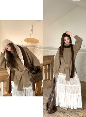 soolrok 松未韵一 两色别致绑带设计毛衣女软糯厚实高领针织上衣