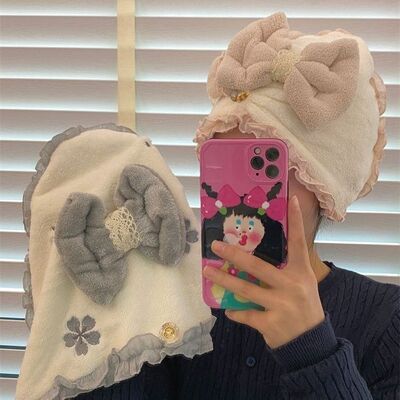 高颜值立体蝴蝶结刺绣可爱小新双马尾加厚吸水速干包头巾家用超厚