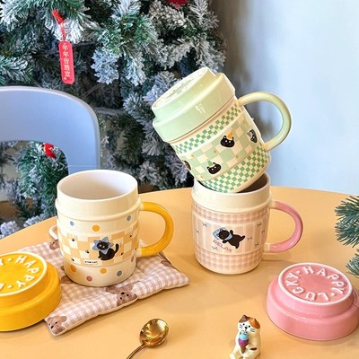 可爱猫咪陶瓷杯子带盖马克杯
