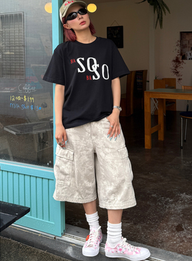 HASOBASO 2025春夏新款美式复古字母印花短袖T恤男女宽松上衣