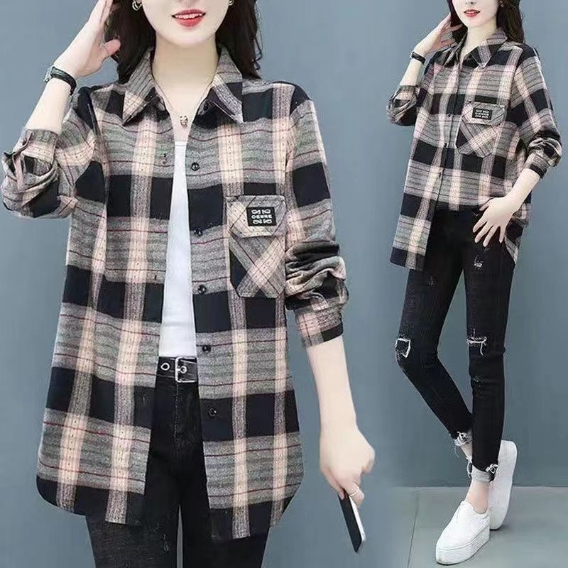 新款妈妈衬衣时尚韩版格子衬衫中年女士百搭显瘦薄款大码上衣外套