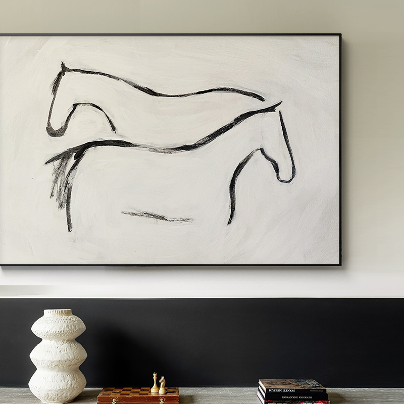 北欧极简客厅沙发背景墙装饰画现代简约书房挂画白马线条抽象壁画