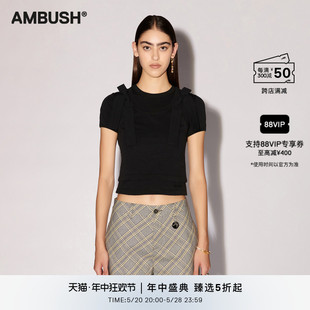 T恤 AMBUSH女士黑色LOGO刺绣蝴蝶结分层圆领短袖 24春夏新品