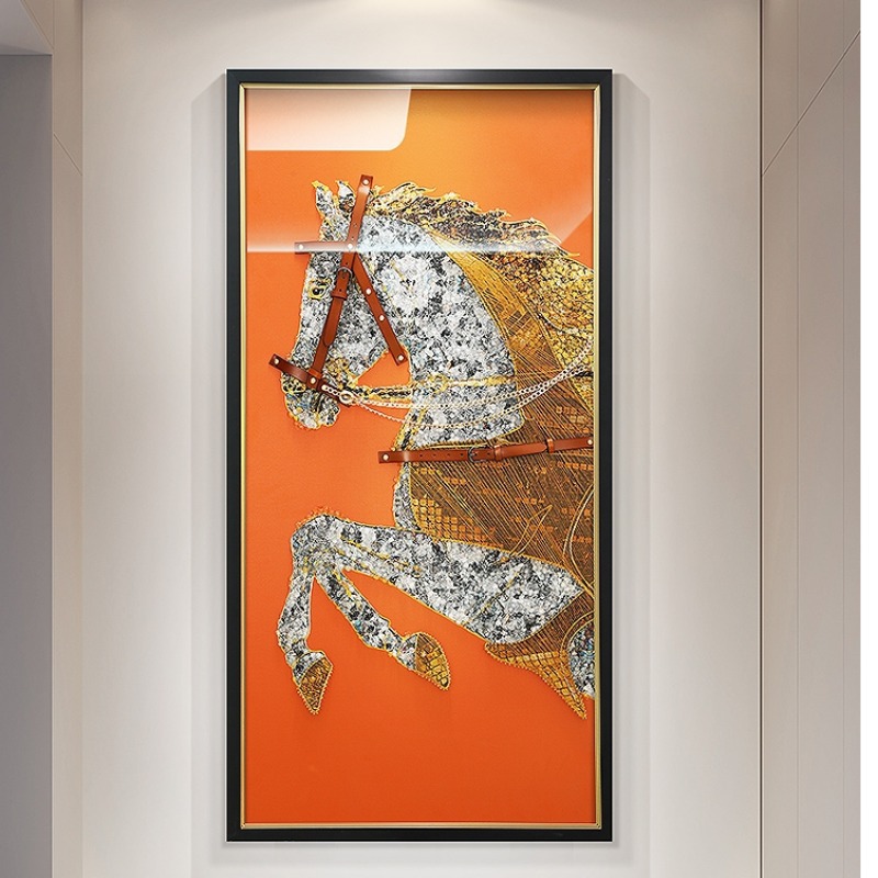 2025年马高端入户门玄关实物立体装饰画过道尽头挂画轻奢壁画