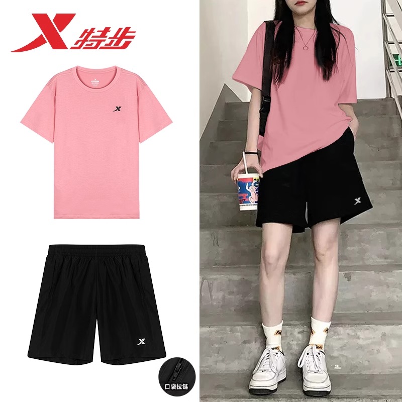 特步运动套装女夏季纯棉透气官方旗舰正品宽松大码休闲短袖两件套