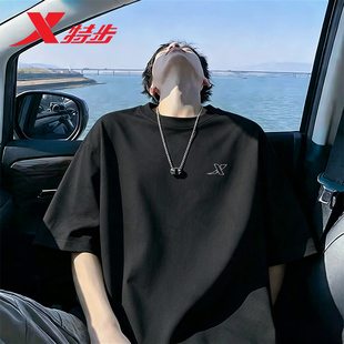 XTEP/特步短袖男款黑色纯棉休闲宽松T恤新款刺绣潮流青少年上衣帅